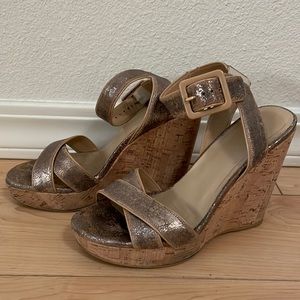 Stuart Weitzman Platform Cork Wedge Comfortable Gold Straps Women’s Sandals